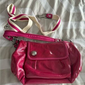 Coach Fossil Hot Pink Patent Leather Crossbody with Striped Canvas Strap